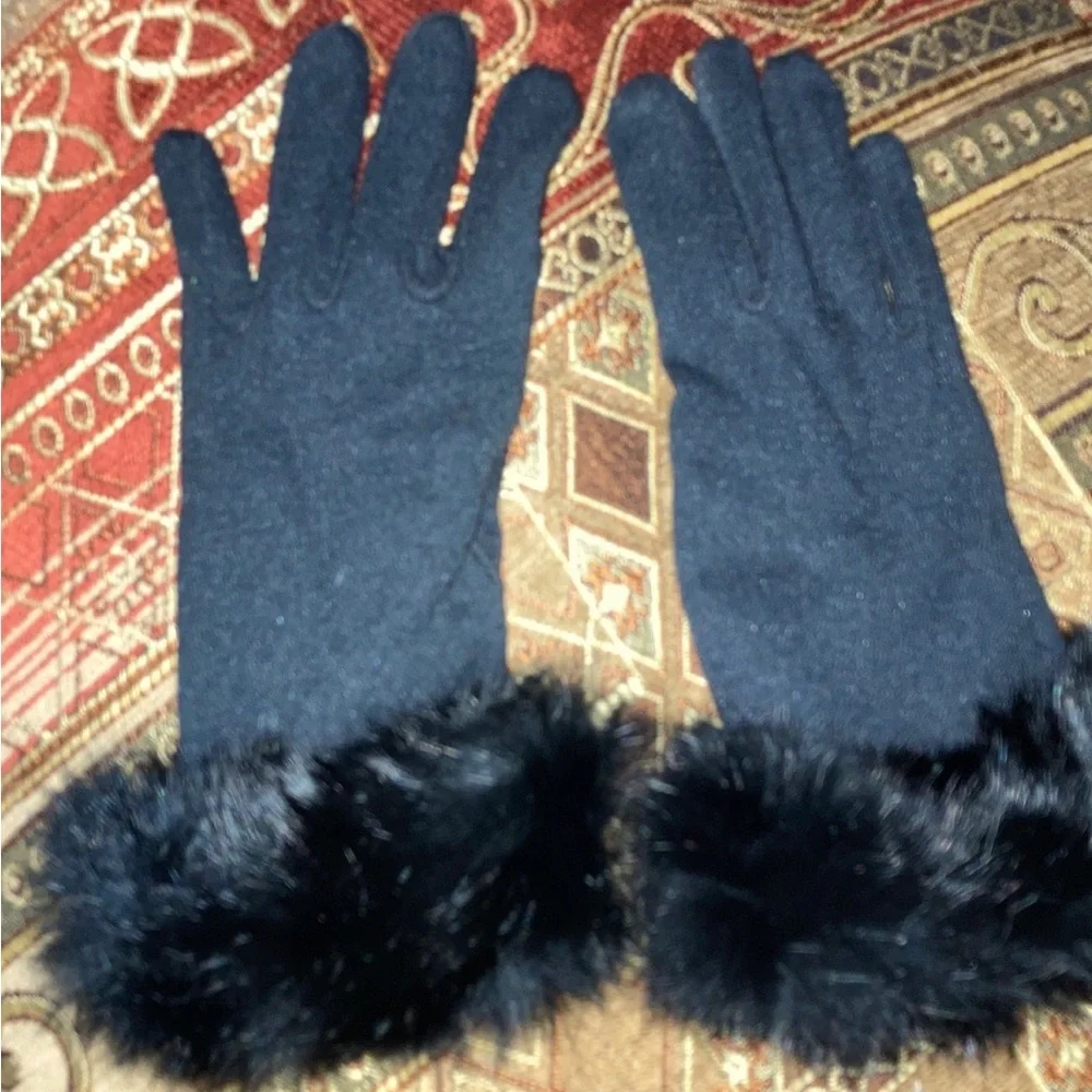 Black rabbit  Fur Trim Gloves black s-m